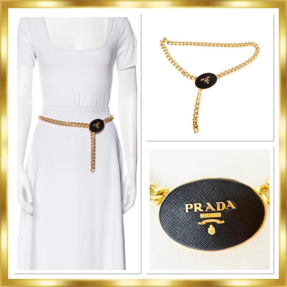 Prada Gold Chain & Black Leather Logo Buckle Belt